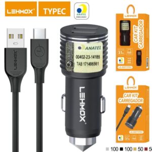 Carregador veicular rapido 3.1A 2usb para type-c gualidade bom LEHMOX
